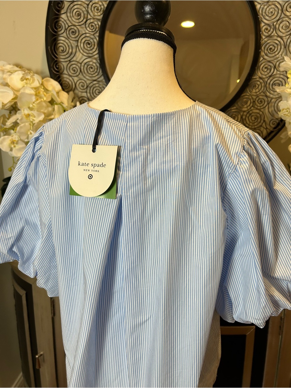kate spade Blue and White Striped Bow-Front Puff Sleeve Blouse - Picture 6 of 12